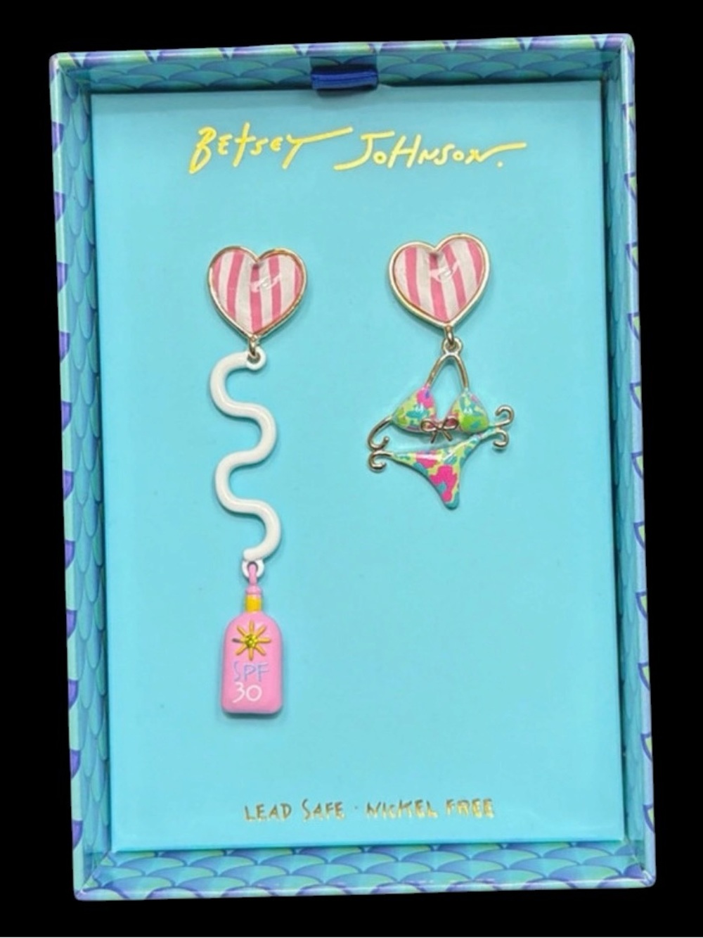 BETSEY JOHNSON Mismatched Bikini & Suntan Oil Bottle Dangle Earrings NEW NWT